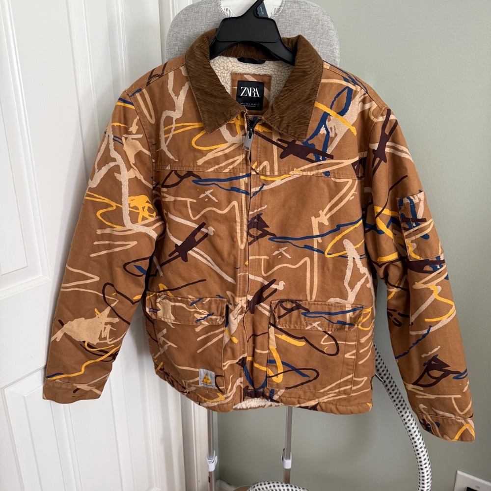 Zara Men Large Sherpa Lined Canvas Jacket Abstract Workwear Utility Streetwear